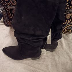 Athefit Black Faux Suede Knee High Slouch Boots Pointed Toe Block Heel Size 9