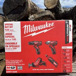 Milwaukee M12 12V Lithium-lon Cordless 4-Tool Combo Kit with (2) Compact 1.5Ah Batteries and Charger