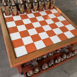 Mid-Century Modern Wooden Chess Coffee Table w/ Hand-Carved Chess Set & Storage