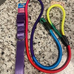 New Large Dog Purple Collar With Tie Dye Rainbow Leash 