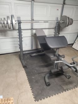 Olympic Weight Set With Weight Bench With Squat Rack ,Leg Developer & more 195lbs All Together Read Description Below