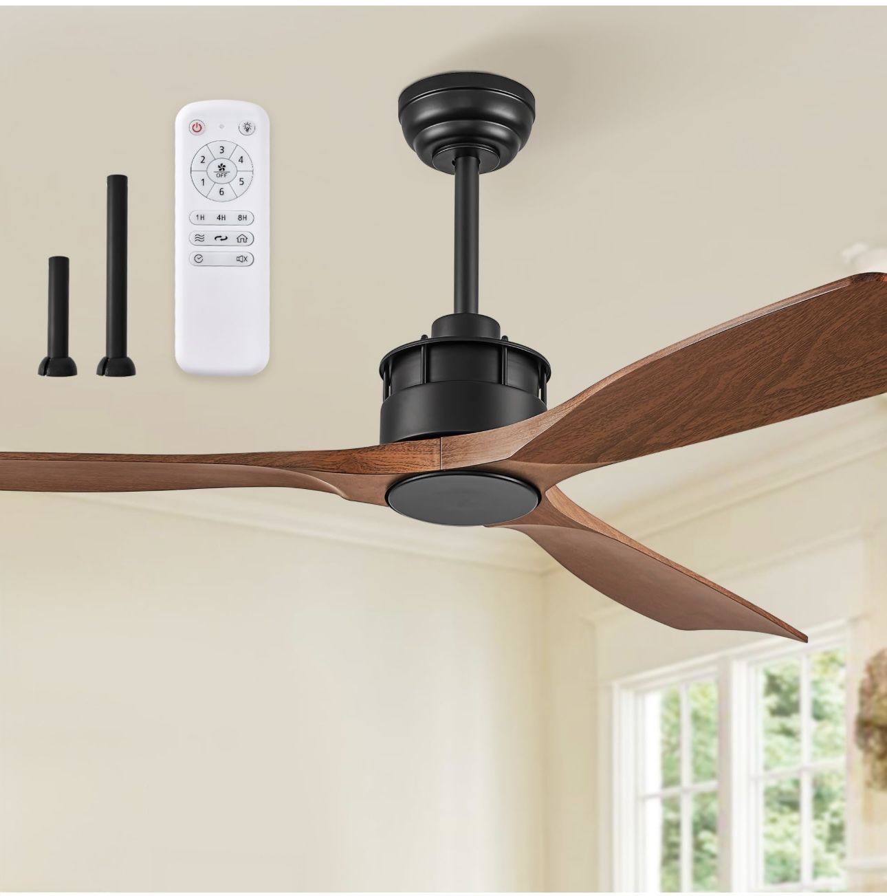 52" Ceiling Fans without Lights, Flush Mount Ceiling Fan with Remote Control,Modern Outdoor Indoor with 2 Downrods 6-Speeds Reversible DC Motor