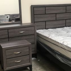 Queen Gray 4pc Bedroom Set Bed Dresser Mirror Nightstand Optional Chest, extra nightstand, King size and mattress set available for extra 