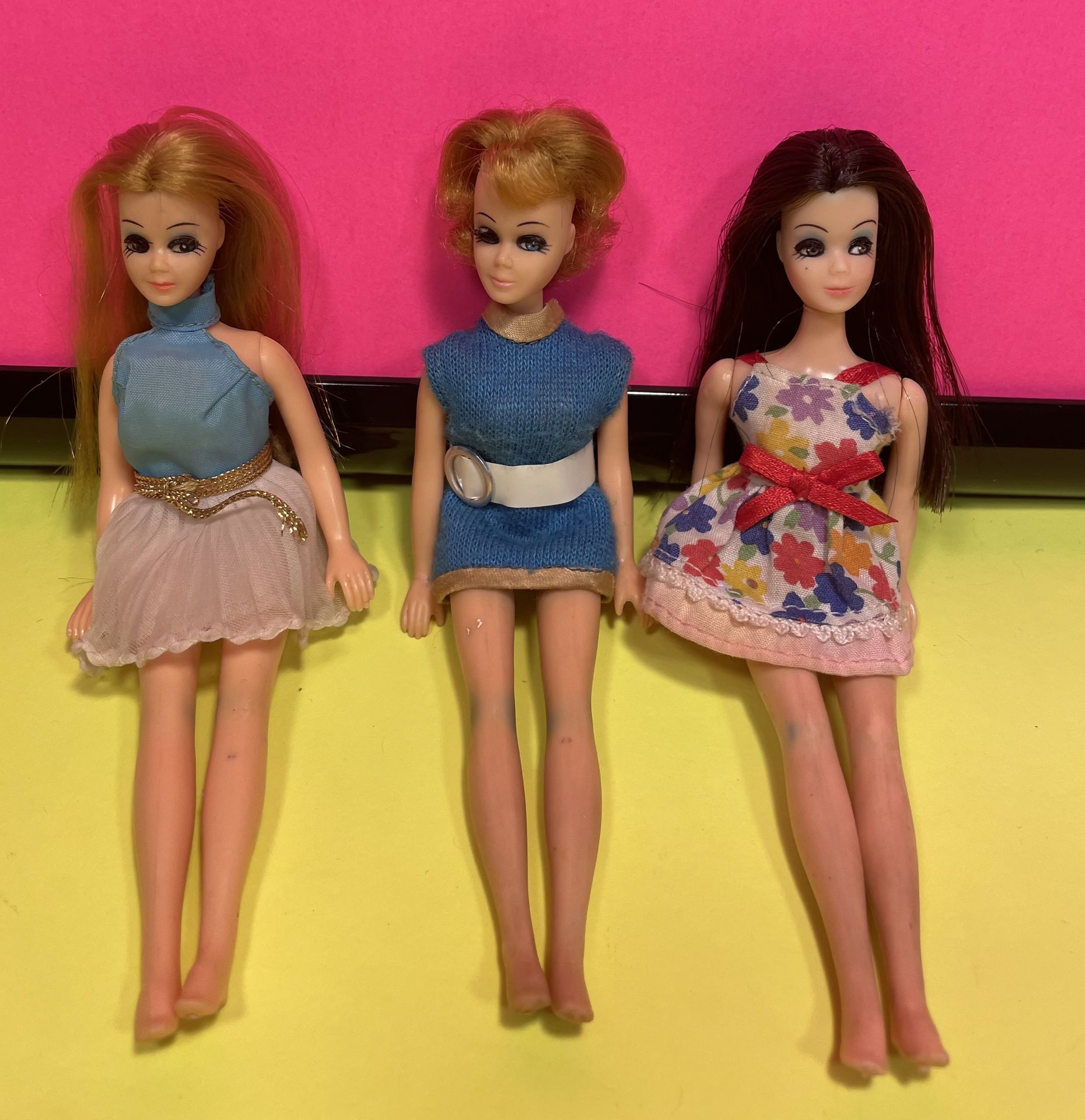 Vintage Topper dawn dolls including dawn dancing Angie and Jessica Angie dress not original good aged condition all parts move dancing Angie still dan