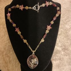 Silver Necklace With Amethyst Stones,stars,beads,with Glass Amethyst Pendant 