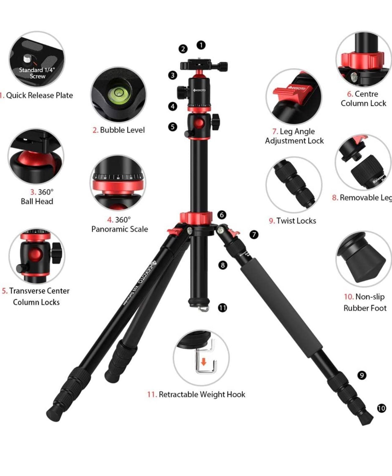 GEEKOTO Tripod, Camera Tripod for DSLR, Aluminum Tripod with 360