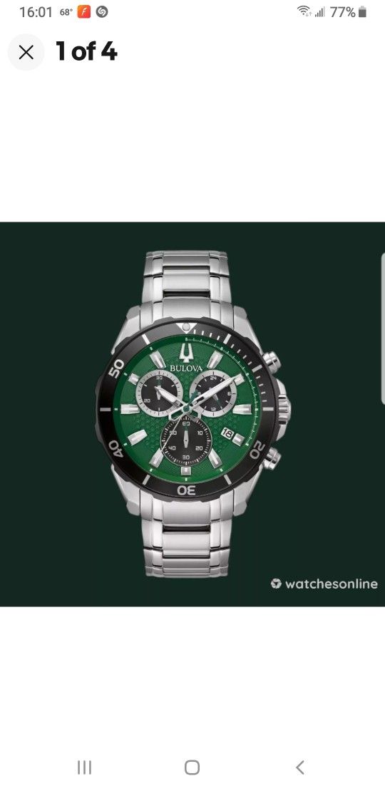 BULOVA MENS STAINLESS STEEL, 45MM FACE, CHRONOGRAPH,  GREEN BEZEL FACE. 