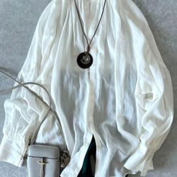 Excellent Condition: Curensology Band Collar Cotton 2-way Gather Blouse, Washable