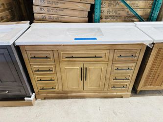 54” Bathroom Vanity in teak , single sink soft close solid wood with vanity top in white  $825 