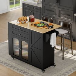 43.3" Portable Kitchen Island Cart with Drop Leaf, 3-Doors 2-Drawers Wood Rolling Storage Cart with Spice Rack and Lockable Wheels, Black