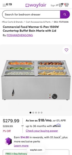 Commercial Food Warmer 6-Pan 1500W Countertop Buffet Bain Marie with Lid
