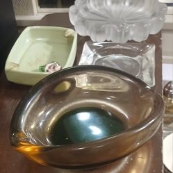 Vintage MCM Ashtrays Murano Amber Green Glass Ceramic Pink Rose ** 4 total