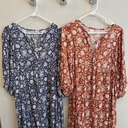 Women's XL V-Neck Half Sleeve Floral Tunic Dress, navy/white & orange/white available for $30 ea