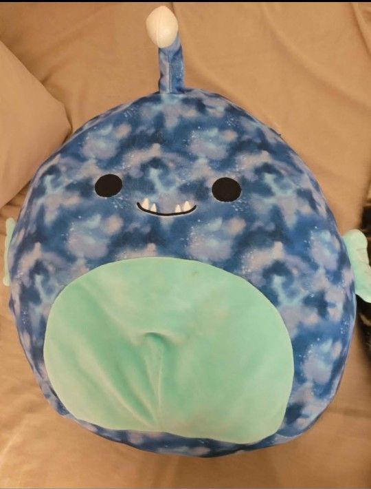 16" DEEZO Tie Dye Blue Angler Fish Squishmallow Plush Pillow