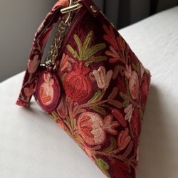 Unique Handmade Uzbek Embroidery Pyramid Bag - Pomegranate Design