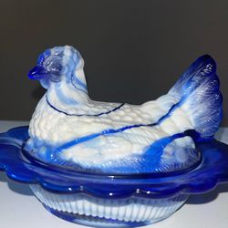 Vintage Mosser Glass Cobalt Blue & White Slag "Hen on Nest" Covered Dish