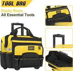 20" Rolling Tool Bag with Wheel,15 Pocket Heavy Duty Wheeled Tool Bag,Retractable Handle & Stable