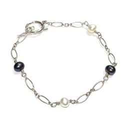 7" Bracelet | Sterling Silver chain | Black & White Pearls