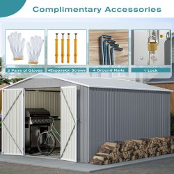 10 x 12 ft. Outdoor Storage Shed with Floor Frame Kit, Galvanized Steel Garden Shed, Metal ShedsGarden Tool Shed with Double Lockable Doors for Backya