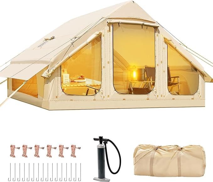 Camping tent with hand pump inflatable tent, easy to pitch waterproof outdoor deluxe cabin tent with mesh windows and door, 4-6 person room