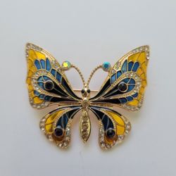 Vintage Butterfly Brooch Pin gold tone Blue & Yellow enamel Aurora Borealis 