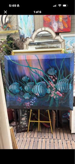 Mid Century 50 x 40 oil on canvas amazing fish signed by the artist