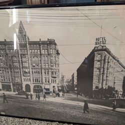 Black and white printed sketch of old downtown seattle