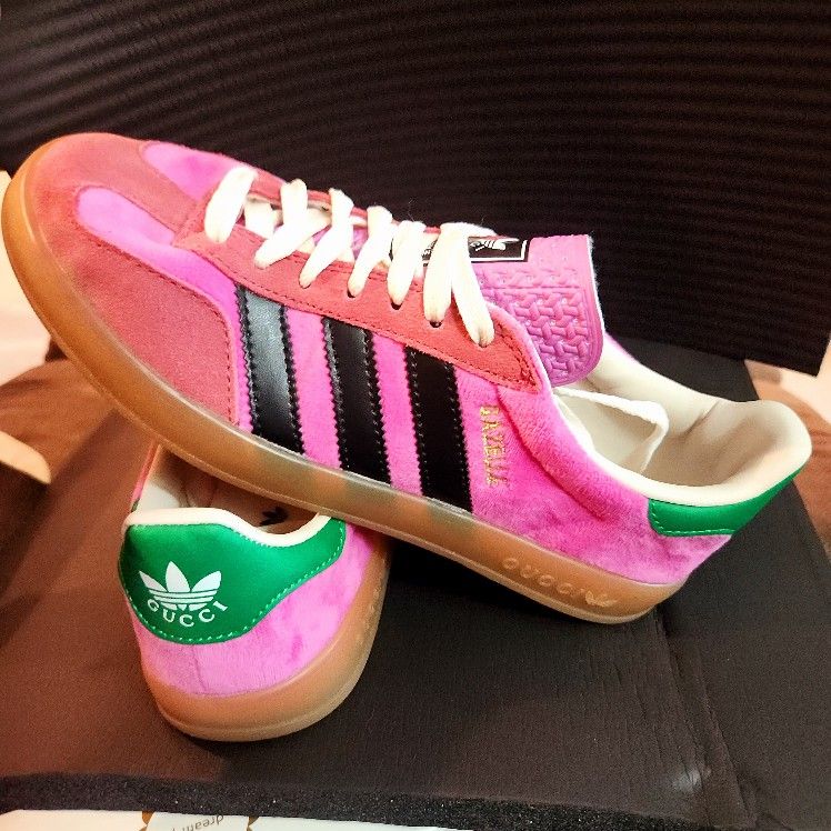 Adidas Gazelle x Gucci Pink Velvet Green Heel Womens US 6.5