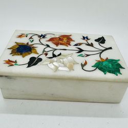 Marble Alabaster Box w Inlay Gemstones Pietra Dura Art Trinket Dish India 