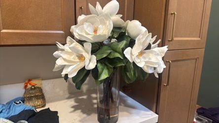 Faux Magnolia Floral Arrangement in Glass Vase