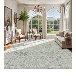 Deerly Sage Extra Large Area Rug 10x14 for Living Room, Distressed Washable Rug for Dining Room Bedroom Anti-Slip Low-Pile and Soft