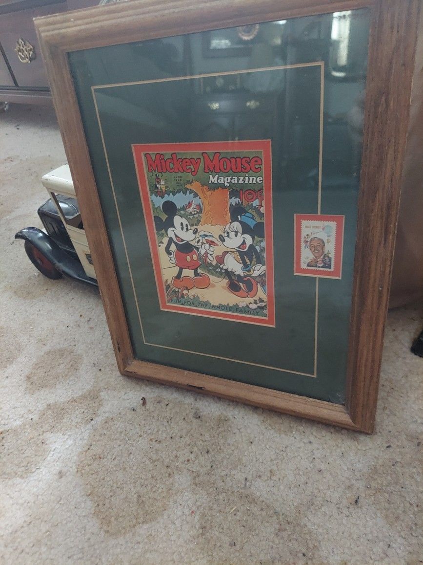 Framed Mickey Mouse Magazine And Stamp