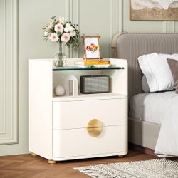 2-Drawer Nightstand, Modern Bedside Table with Open Storage