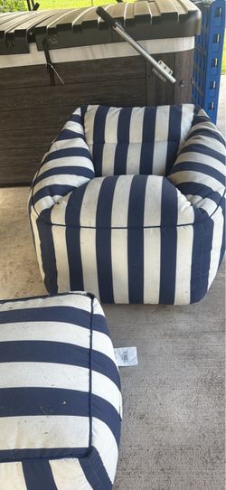 Navy Blue & White Striped Bean Bag Chair with Ottoman