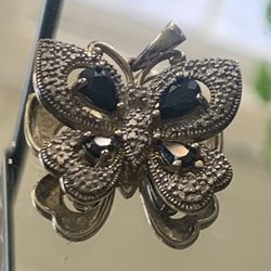 Ross Simons Signed Butterfly Pendant Onyx &diamonds Sterling