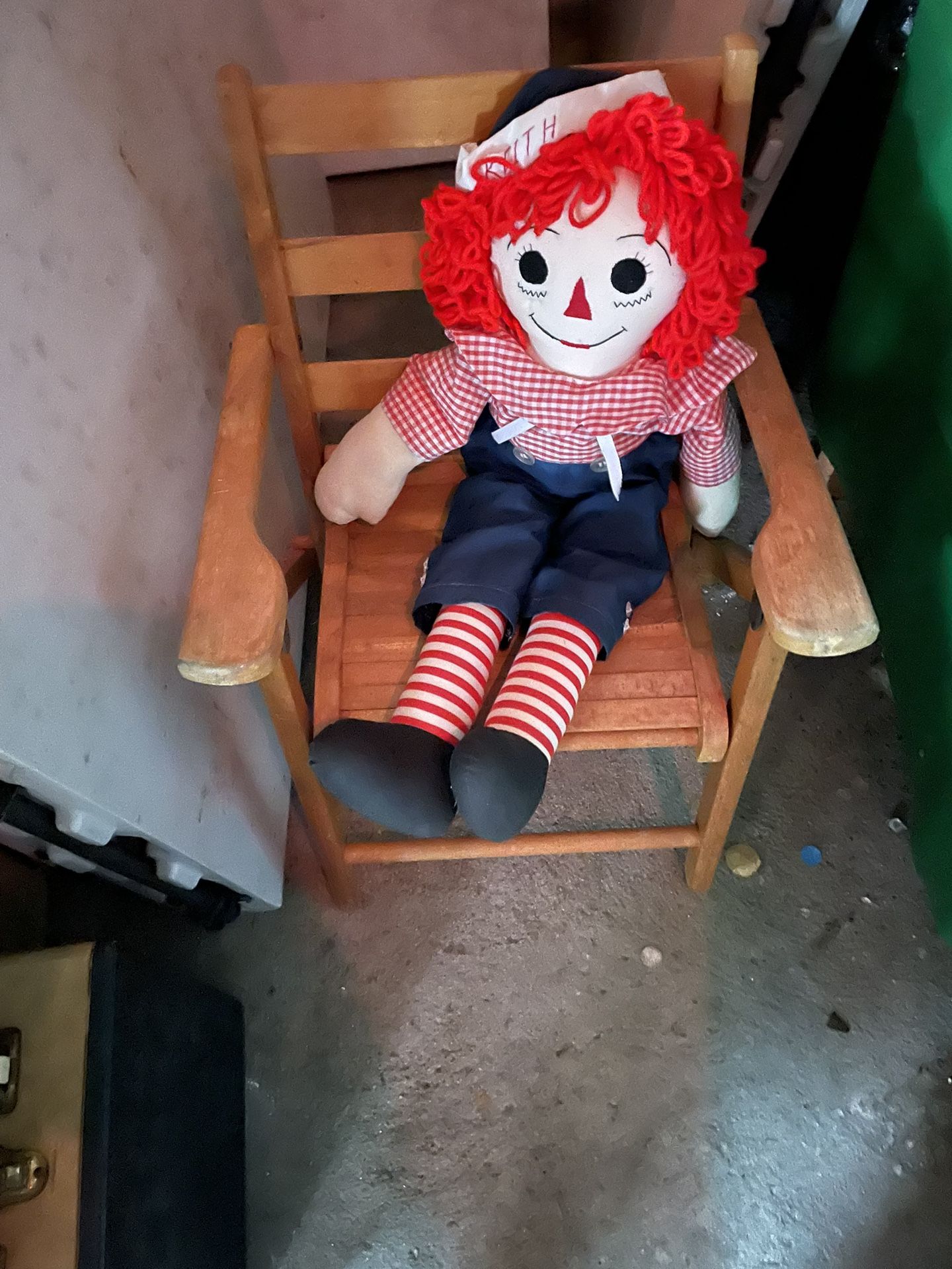 Wood Child Chair With Raggedy Andy Doll