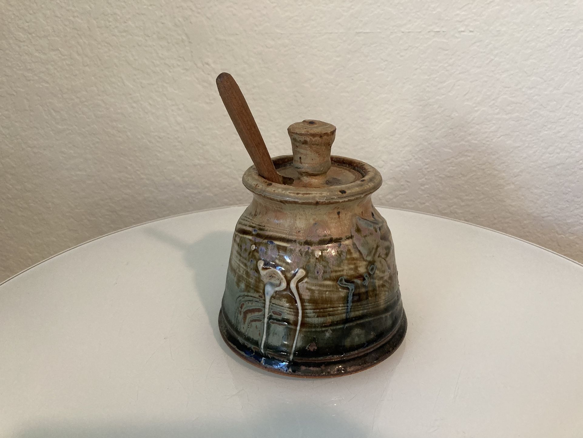 Pottery Honey Jar with Wood Dipper Signed