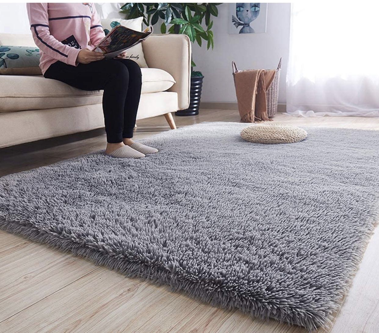 BRAND NEW | Modern Shag Area Rugs Fluffy Living Room Carpet Comfy Bedroom Home Decorate Floor Kids Playing Mat 4 Feet by 5.3 Feet, Grey