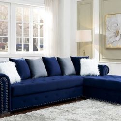Brand New Blue Velvet Sectional Sofa (Pillows Included)