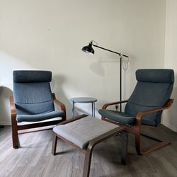 Two IKEA POANG Armchairs and Ottoman