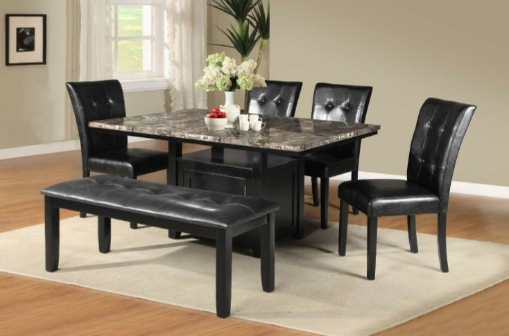 Brand New Brown Marble Top Dining Set With A Storage Base & Tufted Leather Chairs & Bench