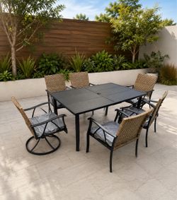 NEW! 7-Piece Metal Outdoor Dining Set with Gray Cushions, Wicker Backrest, 2-Swivel Rocker Chairs, Umbrella Hole