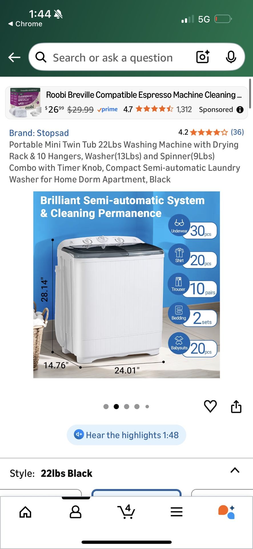 Portable Mini Twin Tub 22Lbs Washing Machine with Drying Rack & 10 Hangers, Washer(13Lbs) and Spinner(9Lbs) Combo with Timer Knob, Compact Semi-automa
