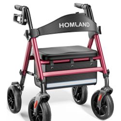 HOMLAND Rollator Walkers for Seniors with Seat, 8" All Terrain Wheels, Durable Aluminum Frame, Lightweight Foldable Walker with Ergonomic Seat, Height