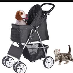 Foldable Pet Stroller, Cat/Dog Stroller With 4 Wheel, Pet Travel Carrier Strolling Cart With Storage Basket, Cup Holder, Black