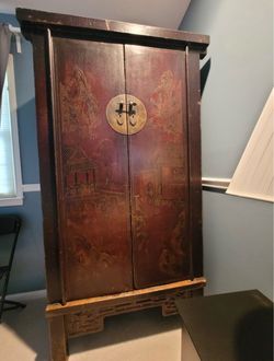 Antique Hand Painted Red Lacquer Wedding Armoire Cabinet Brass Moon Hardware