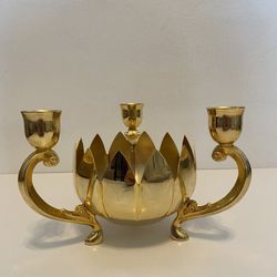 Vintage Brass Lotus 3 Arm Candelabra with Center Candle Holder