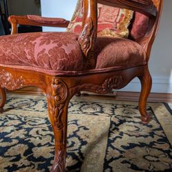 Elegant Carved Accent Chairs With Embroidered Upholstery 
