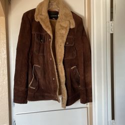 Men’s Brown Leather Suede Heavy Coat Jacket Fur M( 40L) 