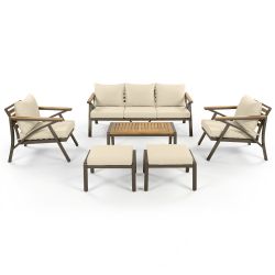 6-Piece Outdoor Patio Furniture Set, Steel Frame Sofa Set with 3-Seat Couch, 2 Armchairs, 2 Ottomans & Acacia Wood Coffee Table, Cushioned Seating for